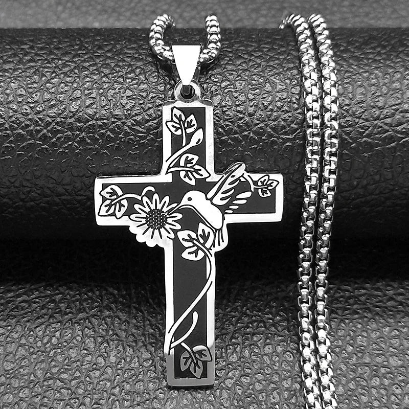 Hummingbird Flower Cross Pendant Necklace for Women Men Stainless Steel Silver Color Sunflower Sunshine Necklace Chain Jewelry
