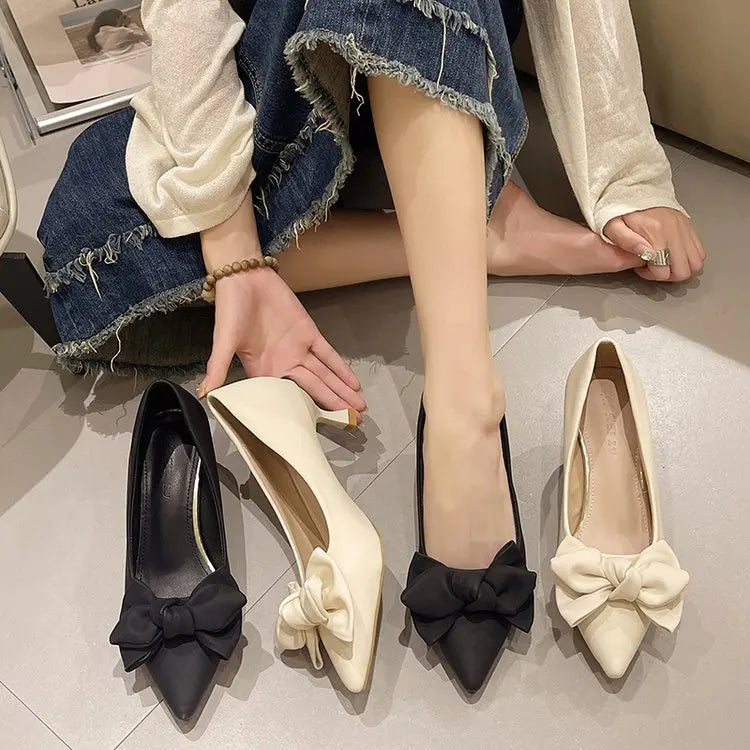 Pointed High Heels Summer New Mid-heeled Korean Version Shallow Heel Bow Single Shoe Women