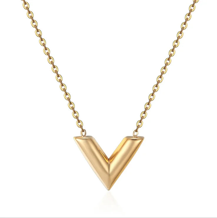 New Design Stainless Steel Letter V Clavicle Necklace Earring Set for Women Ladies