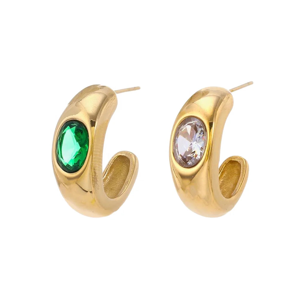 Women's C-shaped Hoop Earrings Fashion Jewelry with 18K Gold PVD 316 Stainless Steel White/Green Zircon and Pearl Stone