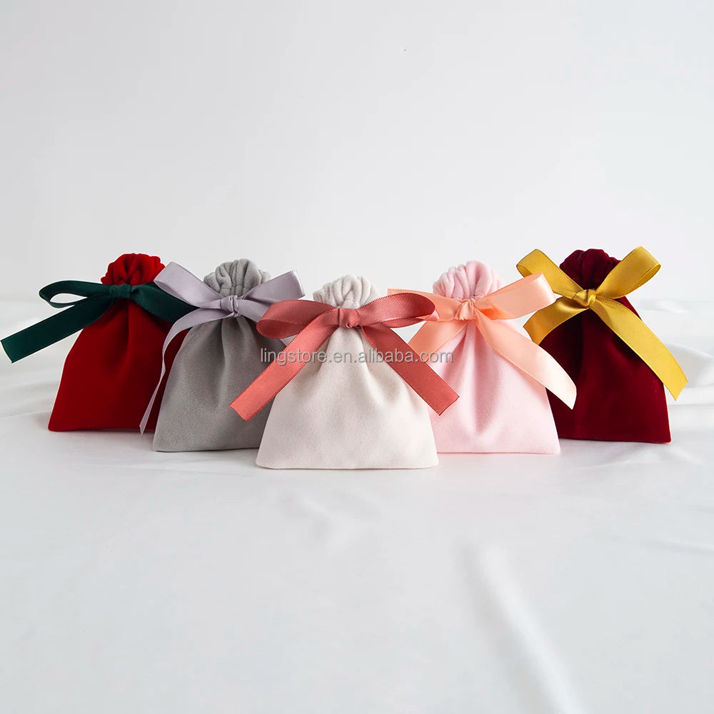 10x12cm Luxury Thick Velvet Jewelry Pouch Plush Bracelet Storage Bag Pink Velour Necklace Pouches With Smooth Ribbon