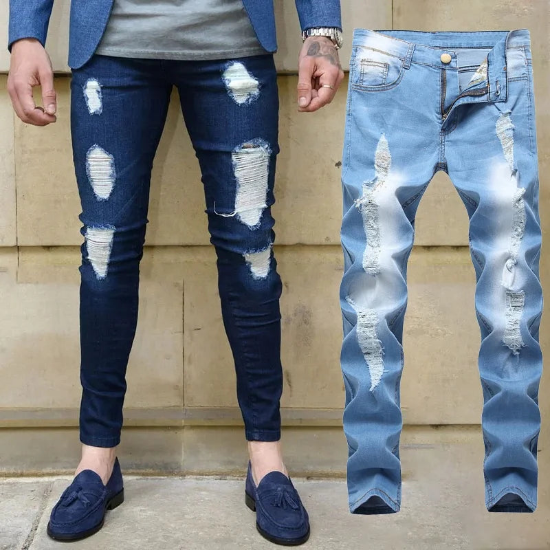 Mens Blue Ripped Jeans Distressed Knee Hole Denim Pants American Hip Hop Destroyed Streetwear Trousers Skinny Jeans