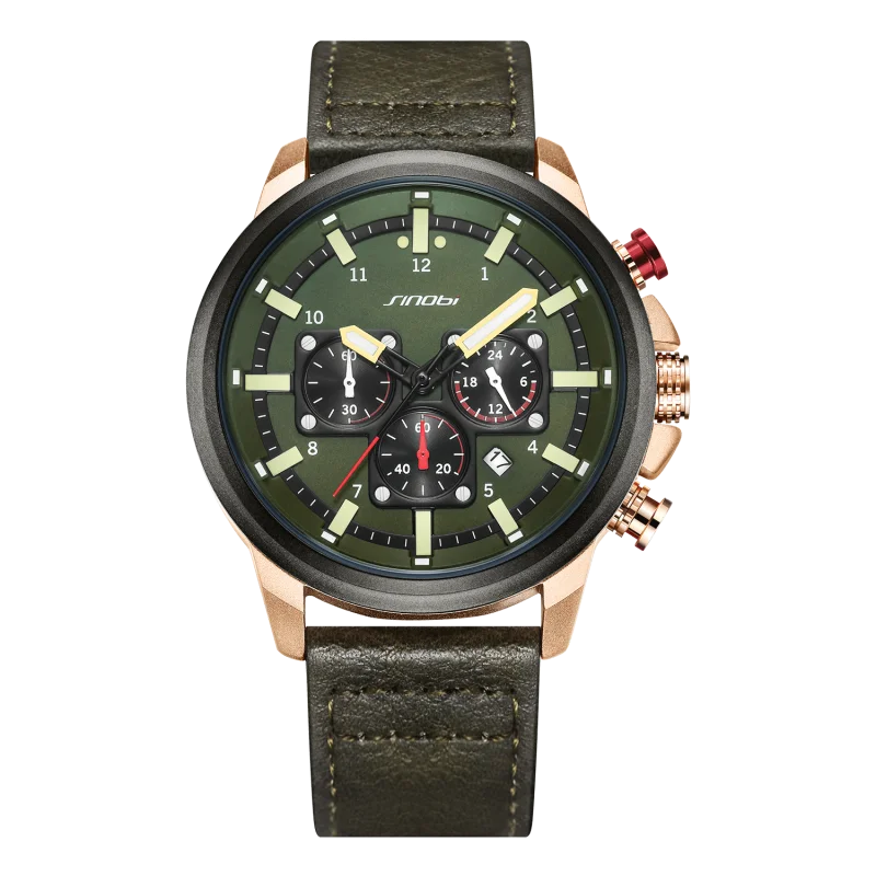 SINOBI Business Alloy Stainless Steel Leather Strap Waterproof Watch with Glass Dial Multifunctional Luxury for Men