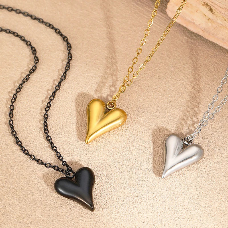 Non Tarnish 18K Gold Bubble Heart Pendant Necklace for Women Girls Fashion Dainty Lovely Gold Black Heart Necklace Wholesale