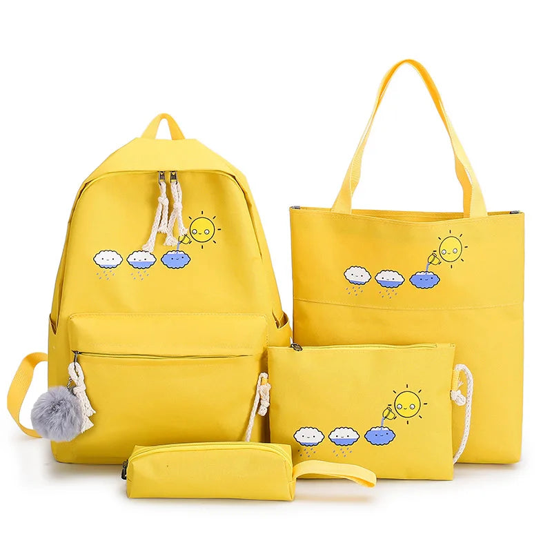 Fashion Color Girls Canvas Backpack Canvas Bag 4 Pcs Sets Student Casual School Bag Set with Pencil Case
