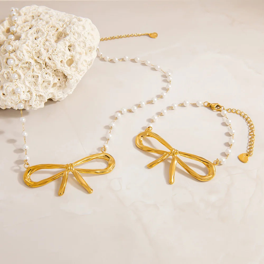 MC171 Wholesale18K Gold Plated Jewelry Set Stainless Steel Big Bowknot Pendant Pearl Chain Necklace Bracelet Women Jewelry Set