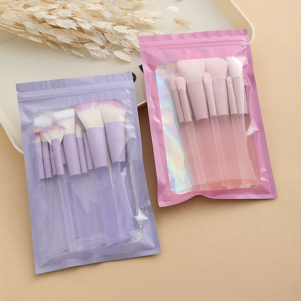 Portable Travel Face Makeup Brush Set Custom Logo 10pcs Nylon Hair Vegan Kabuki Eyeshadow Foundation Brushes Plastic Handle Bag