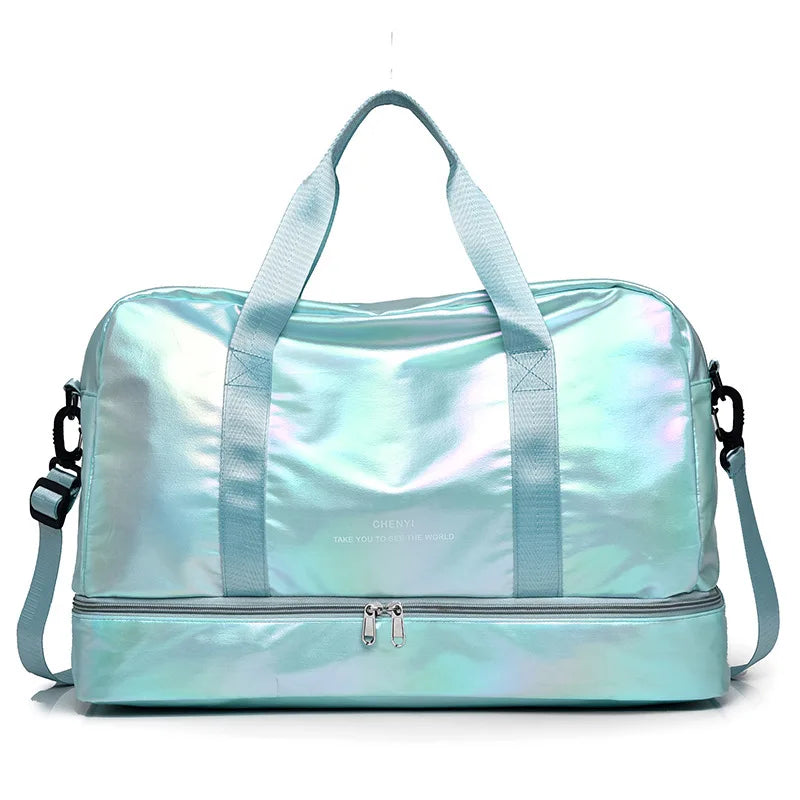 2024 New Design Waterproof Foldable Weekend Luggage Travel Bags Shiny Iridescent Sports Bag Gym Duffel Bag