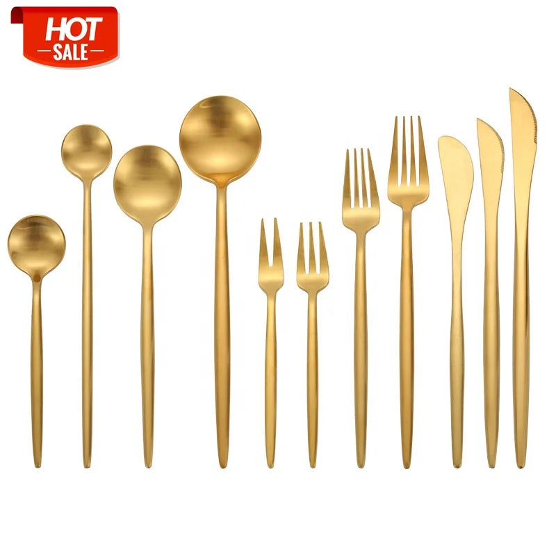Matte Gold Plated Wedding Luxury Silverware Stainless Steel Cutlery Set Cutipol Goa Gold Flatware