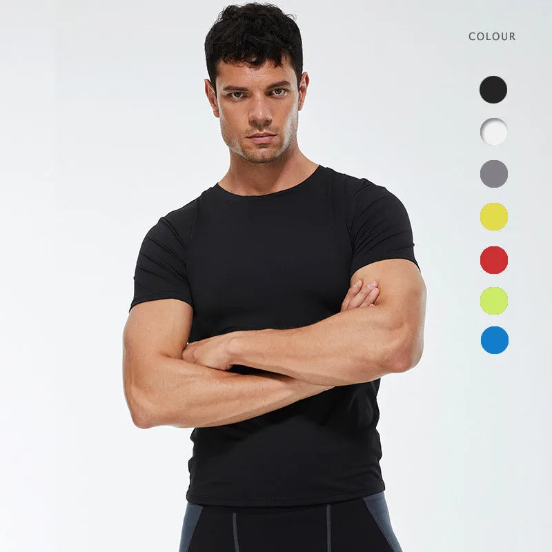 Mens Quick Dry Shirt Tight Fit Short Sleeves Running Gym Workout Top Training Compression Tshirt