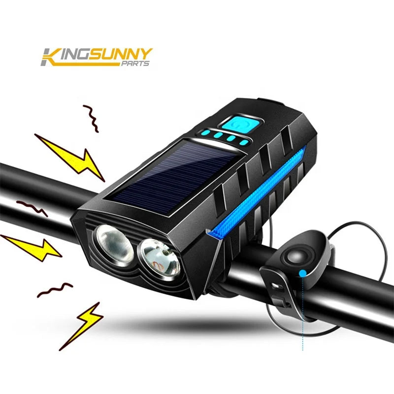 Hot Selling Plastic Bicycle Headlight with Horn Solar Charging Spare Parts for Electric Scooters Bike Bicycle Parts