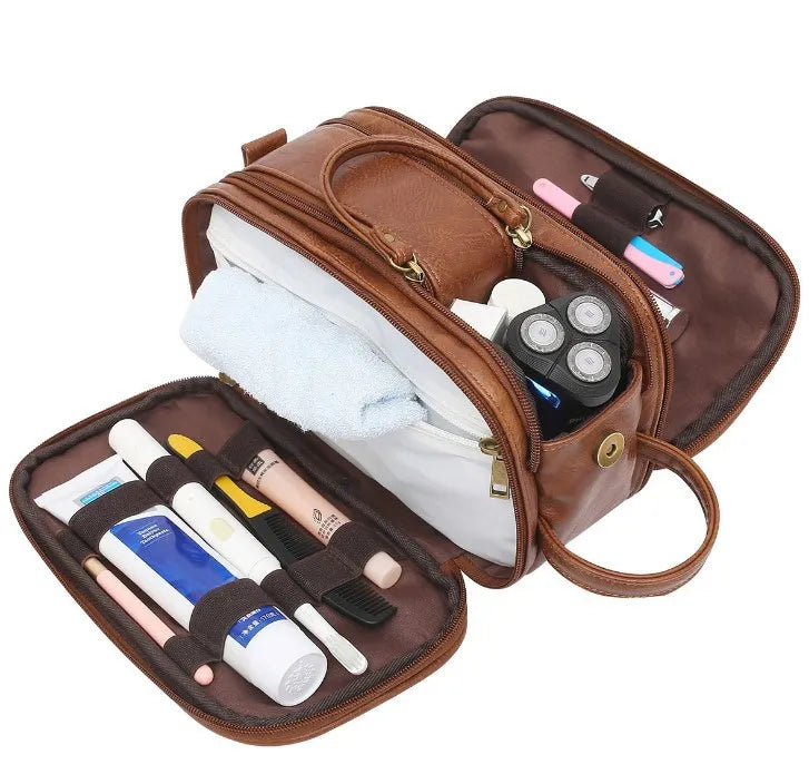 Custom Logo Pu Leather Toiletry Bag for Men Travel Shaving Dopp Kit-Large Cosmetic Bags Toiletry Bathroom Organizer Bag