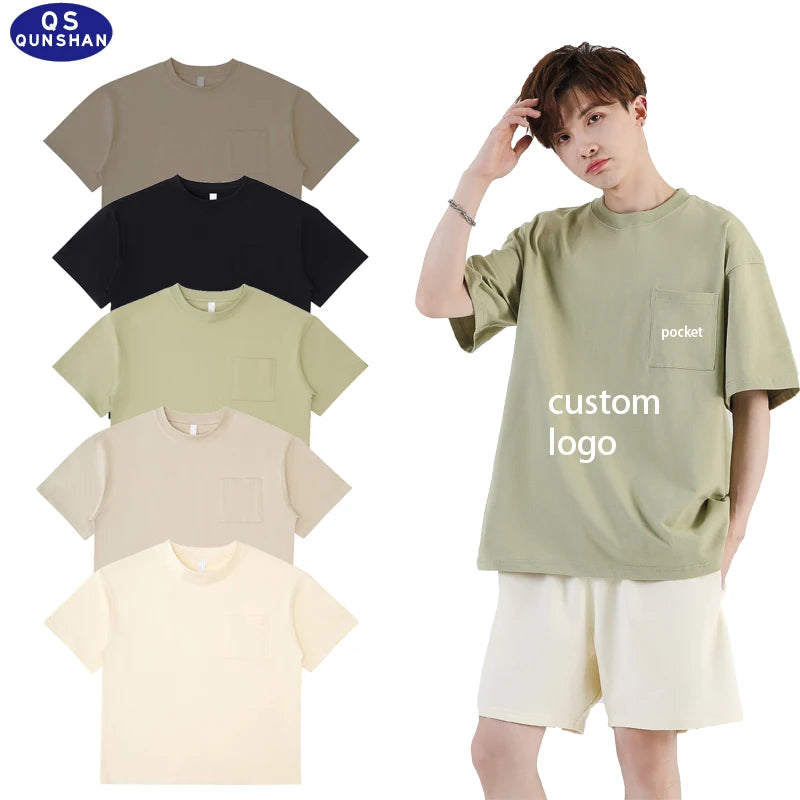 Custom Man Tee Shirt Plain Screen Print Pocket Tshirt Cotton T-shirt Mens With Chest Pocket logo Oversized Heavyweight T Shirt