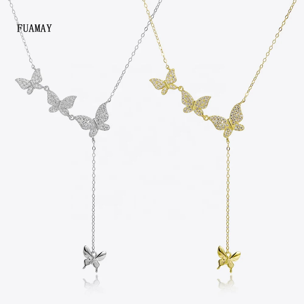 FUAMAY 18K Gold Plated Butterfly Pendant Lariat Necklace Three Crystal CZ Zirconia Chic and Elegant