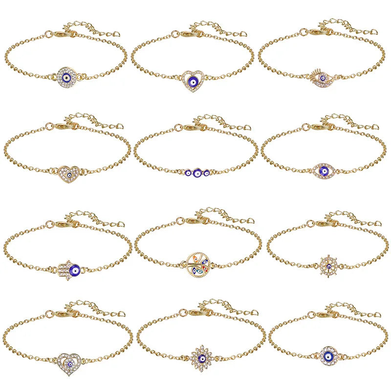 Simple Design Gold Bracelets Different Shaped Evil Eye Charm With Rhinestone Bracelets