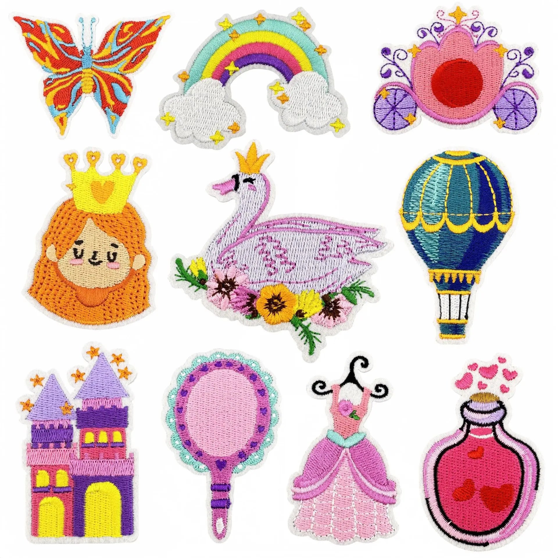 Factory Sale Eco-Friendly Iron-On Embroidery Cartoon Princess Castle rainbow Mirror air Balloon butterfly Fabric Patch Bag Hat