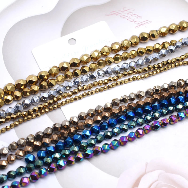 4 6 8mm Gold Natural Stone Hematite Beads Round Faceted Spacer Loose Beads for Jewelry Making DIY Bracelet Needlework