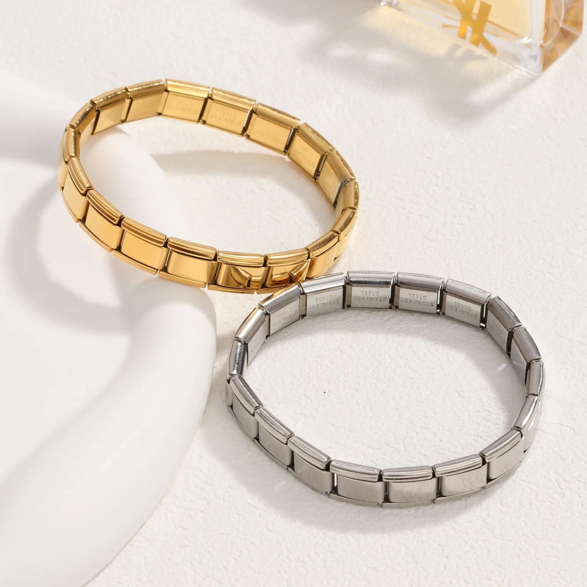 18k Gold Plated Waterproof Stainless Steel Square Italian Module Elastic Fabric Bracelet Bangle for Men Women