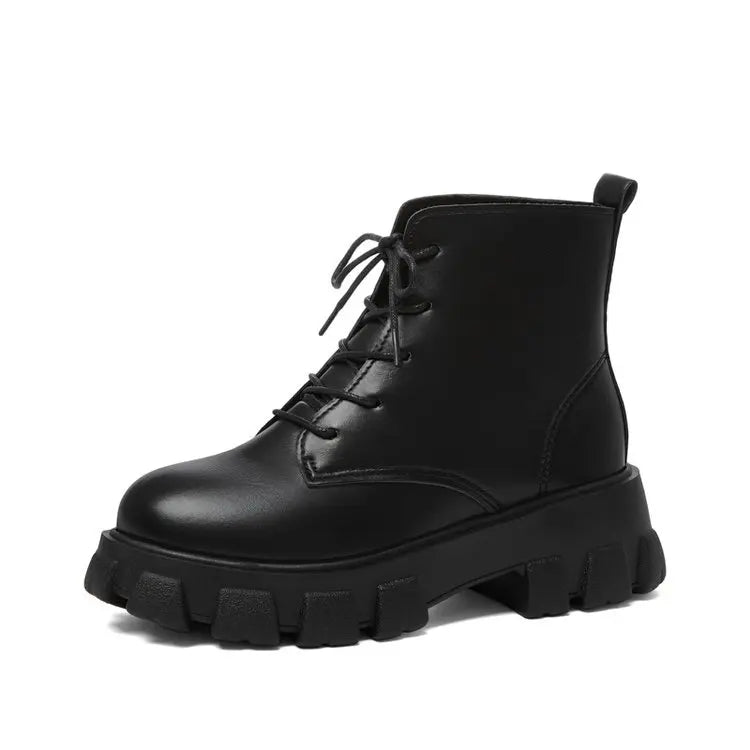Women's Ankle Bootie Female Platform Heels Boot Martin Boot Low Heel Short Top Lace-up Matte Glossy PU Leather Boots for Women