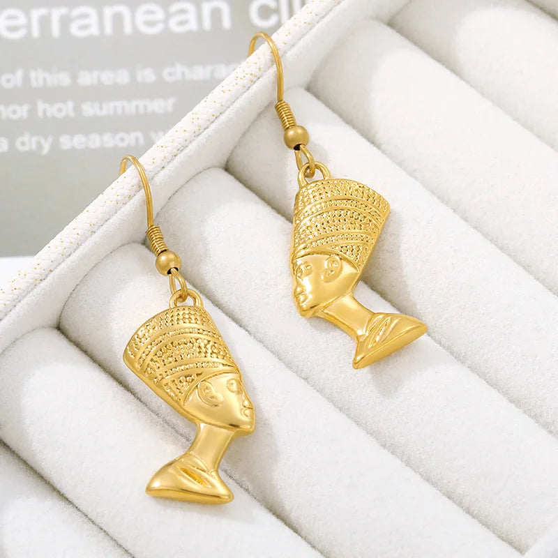 18K Gold Plated Egyptian Queen Nefertiti Stud Earrings Jewelry  Portrait Drop Earrings Stainless Steel Earrings for Women