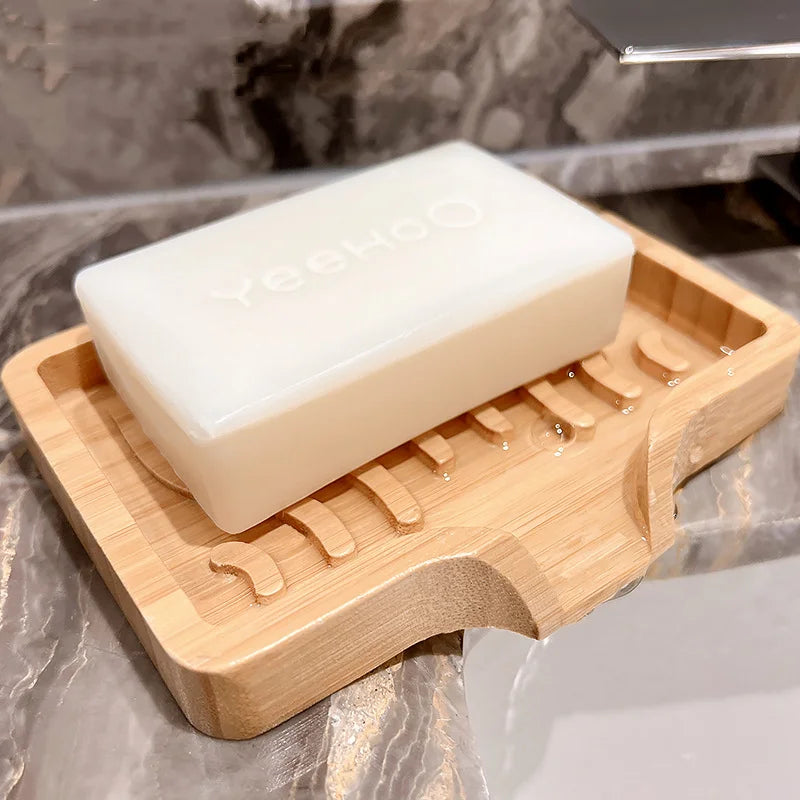 Custom Logo Kitchen Bamboo Soap Saver Container Case Self Draining Bathroom Wooden Soap Dish Holder Tray with Drain Spout