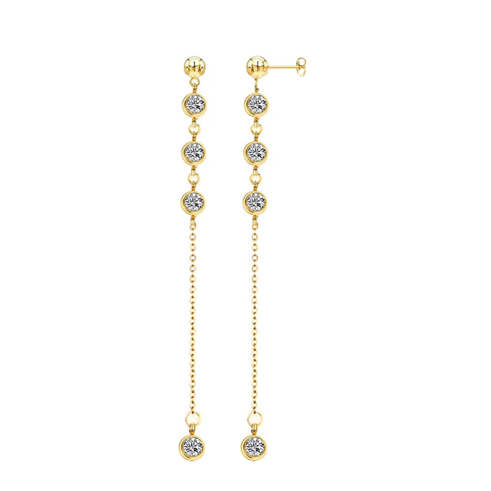 18K Gold Plated CZ Crystal Long Drop Earrings - Women's Stainless Steel Base Jewelry for Evening Wear