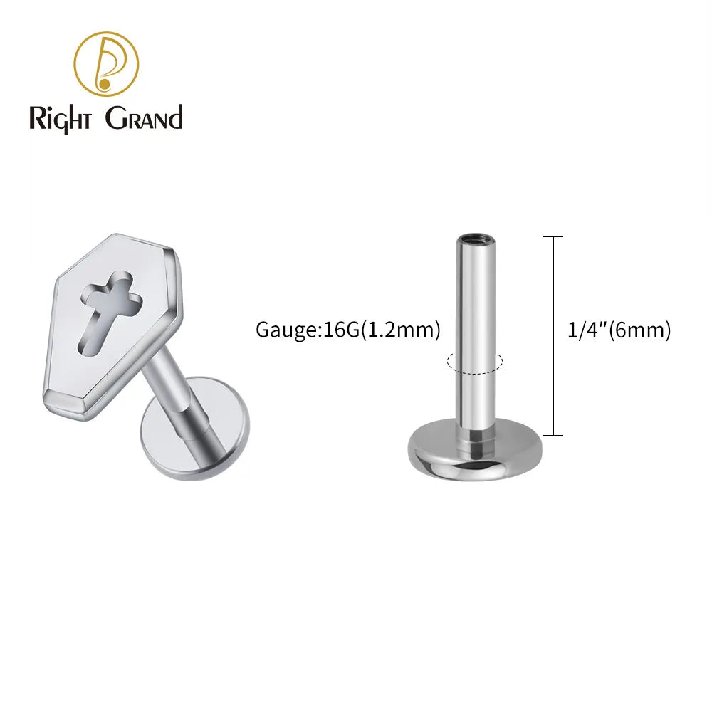 Right Grand 16G Gothic Coffin With Cross ASTM F136 Titanium Internally Threaded Ear Cartilage Helix Labret Stud