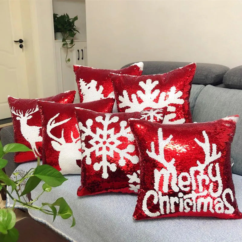 Wholesale Woven Polyester Shiny Sequin Design Christmas Xmas Decor Cushion Pillow Cover Custom Size for Hospital Home Hotel Use
