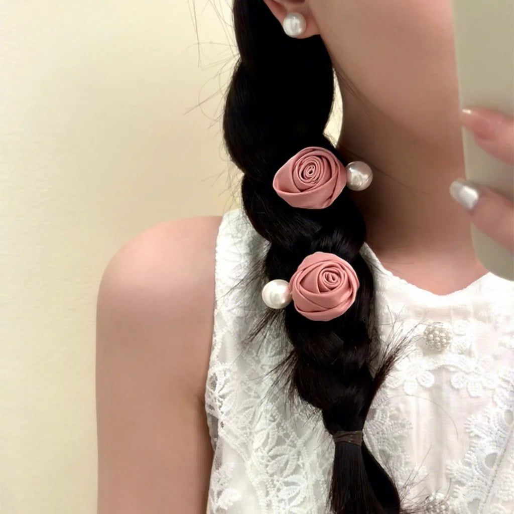 Handmade Pearl Silk Hairpin Kids Hair Accessories Hair Ties Mini Rose Flower Hair Clips for Girls