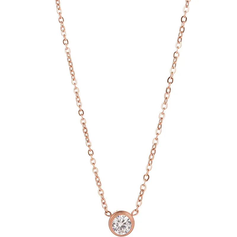 AA01404 Wholesale Simple Fashion Stainless Steel Rose Gold Single Diamond Necklace Women