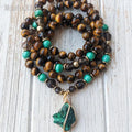 MN37219 Natural Raw Malachite Bohemian Ball Mala Beads Tigers Eye Smoky Quartz 108 Bead Meditation Necklace