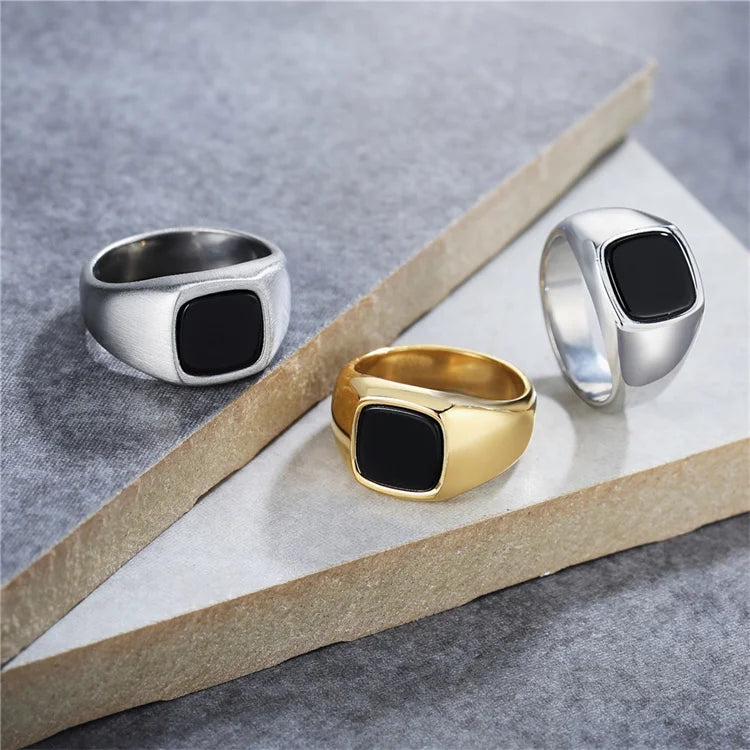 2023 New Trend Silver Rings Dainty square Black Natural Stone Charm Rings for Women Men
