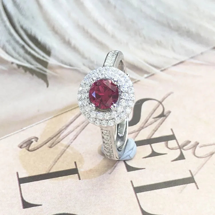 Solitaire Lab Created Ruby 925 Sterling Silver Halo Ring With White Gold Plating