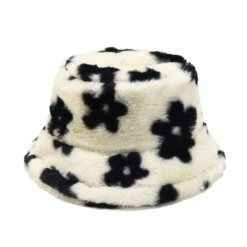 Women's Outdoor Velour Bucket Hat Trendy Extra Fluffy Plush Flower Red and Yellow for Casual Cycling Daily Use