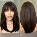 Wholesale Medium Length Dark Brown Highlight Straight Wig Synthetic Hair Wigs with Bangs for Women Natural Hair Wig