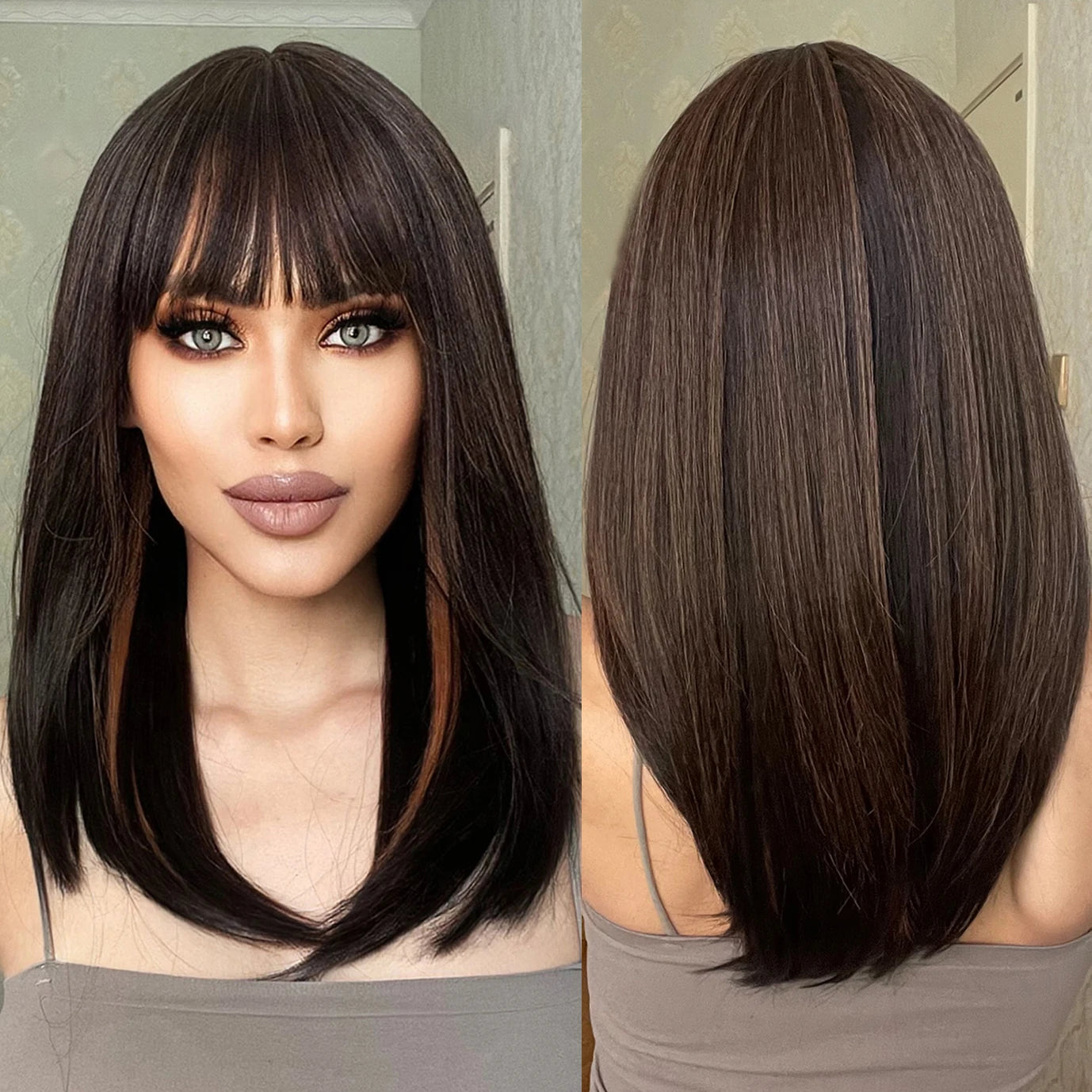 Wholesale Medium Length Dark Brown Highlight Straight Wig Synthetic Hair Wigs with Bangs for Women Natural Hair Wig