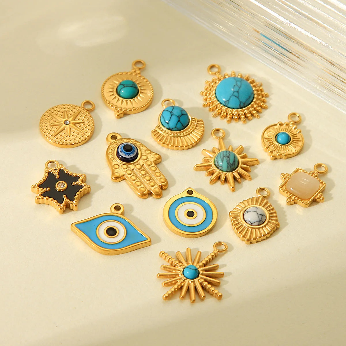 Ins Hip Hop Stainless Steel 18K Geometric Shaped DIY Star Sun Oval Eyes Natural Stones Waterproof Pendant Charms for Jewelry