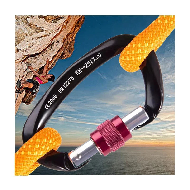 25KN CE Certified D Shaped Screw Lock Climbing Carabiner Aviation Aluminum 7075 Oxidation Finish Model EH812 for Camping Hiking