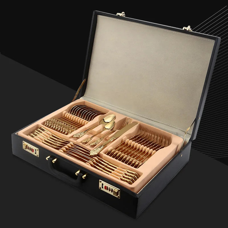 High End 304 Stainless Steel 72 Pieces Gold Dinnerware Set Knife Fork Spoon Set with Combination Lock Briefcase