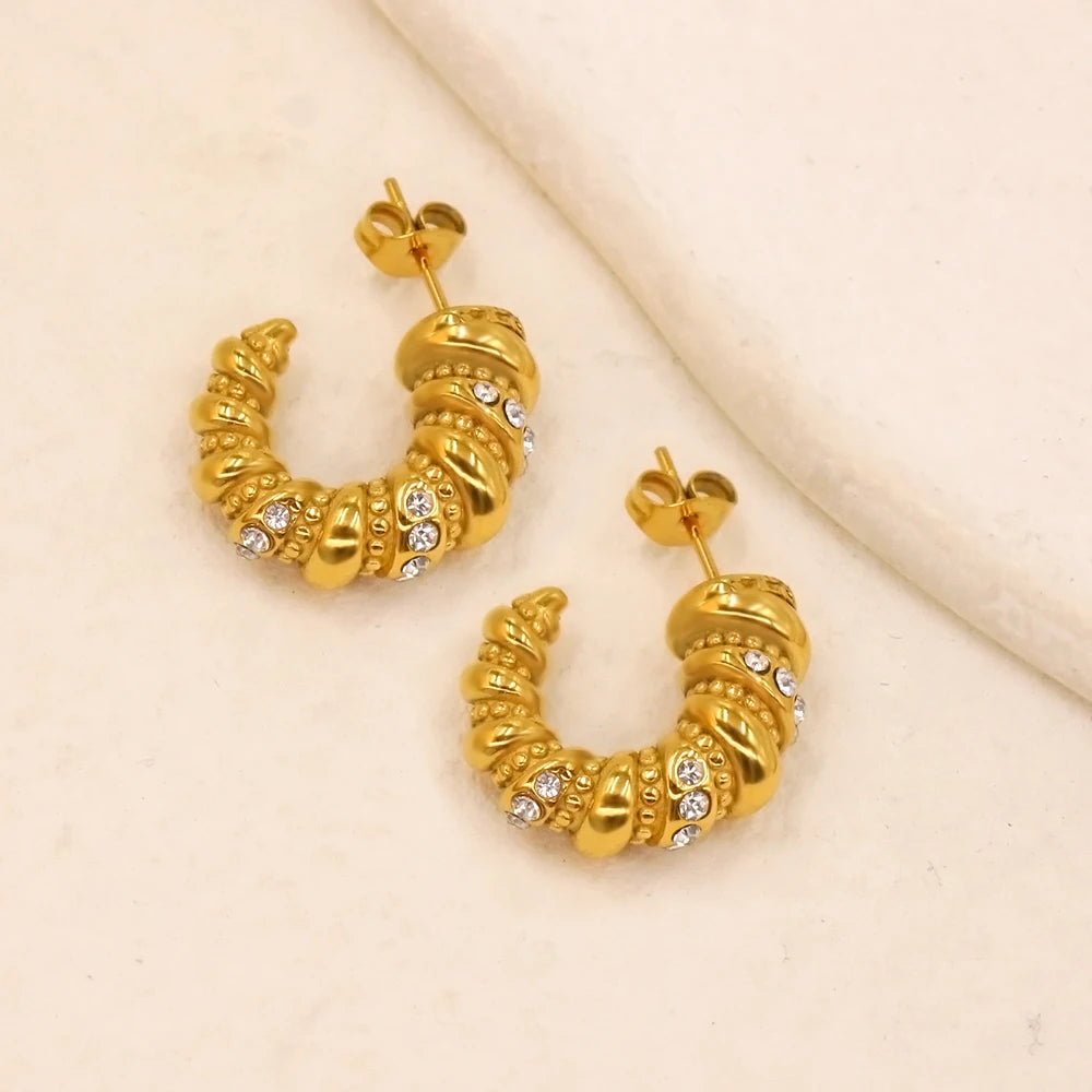 Luxury 3A CZ Inlaid Curve Stainless Steel Hoop Earrings Women Exquisite PVD Gold Plated Ear Stud Wholesale Low MOQ