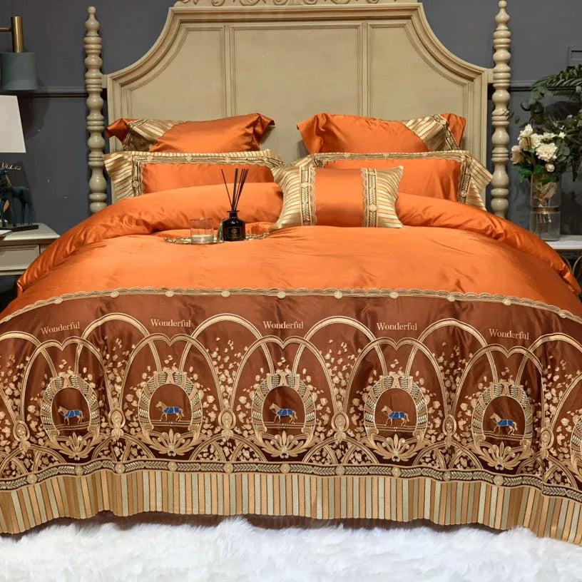 High-end Household Light Luxury Comforter Duvet Cover Cotton king Size Orange Bedding Sets