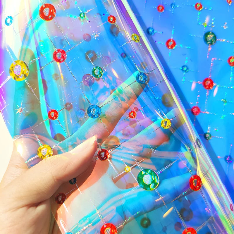 Laser Pattern Printed TPU Blue Plastic Film Roll Holographic Transparent Vinyl Synthetic Leather for Makeup Bags Crafts