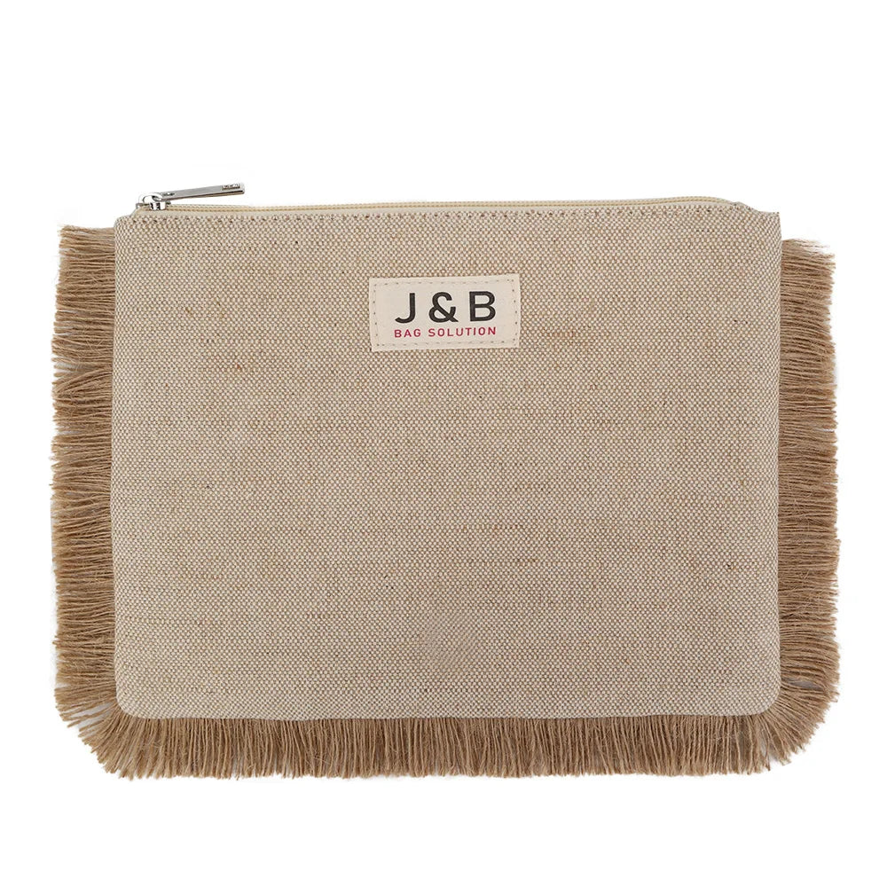 Factory Custom Fashion Natural Eco Friendly Jute Cotton Cosmetic Makeup Toiletry Clutch Wash Bag with Jute Fringe Tassel Lace