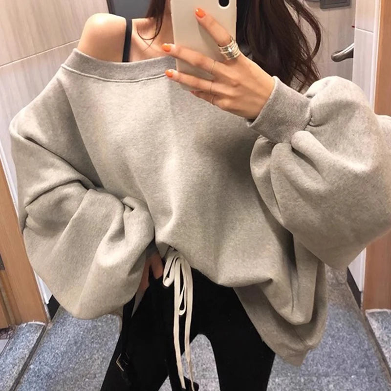 Boutique Wholesale 2026 Autumn French Style Irregular Slanted Collar Off Shoulder Loose Long Sleeved Women's Hoodie