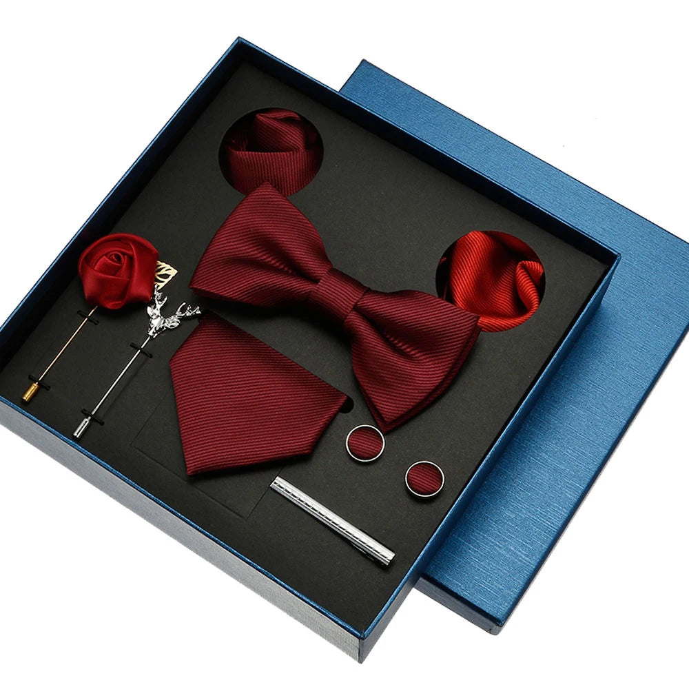 Mens Tie Set Gift Box Solid Maroon Burgundy Silk Necktie Sets With Pocket Square Cufflinks for Men Wedding Party