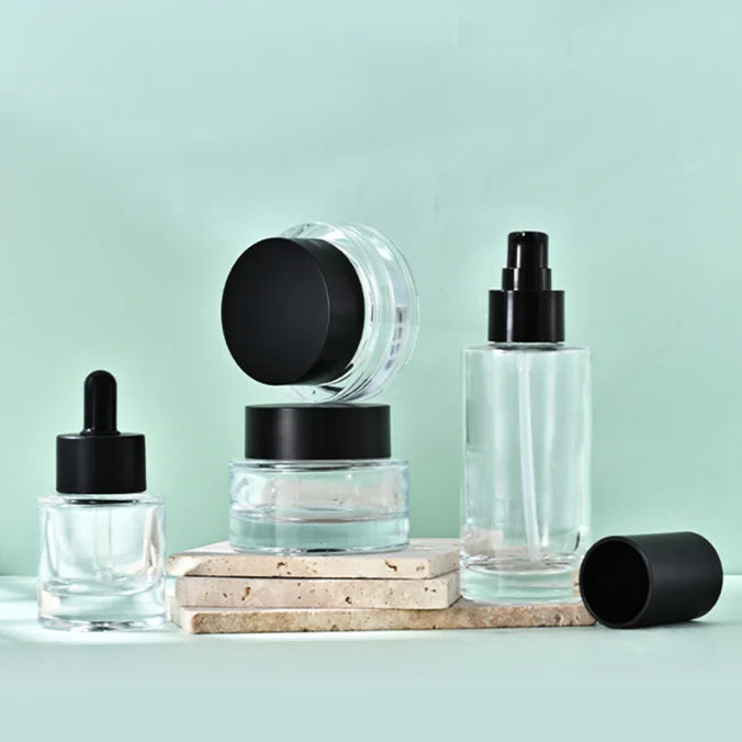 Black Lid 30ml 50ml Serum 100ml 150ml Lotion Toner Bottle Cylinder Glass Face Serum Lotion Cream Cosmetic Bottles and Jars Set