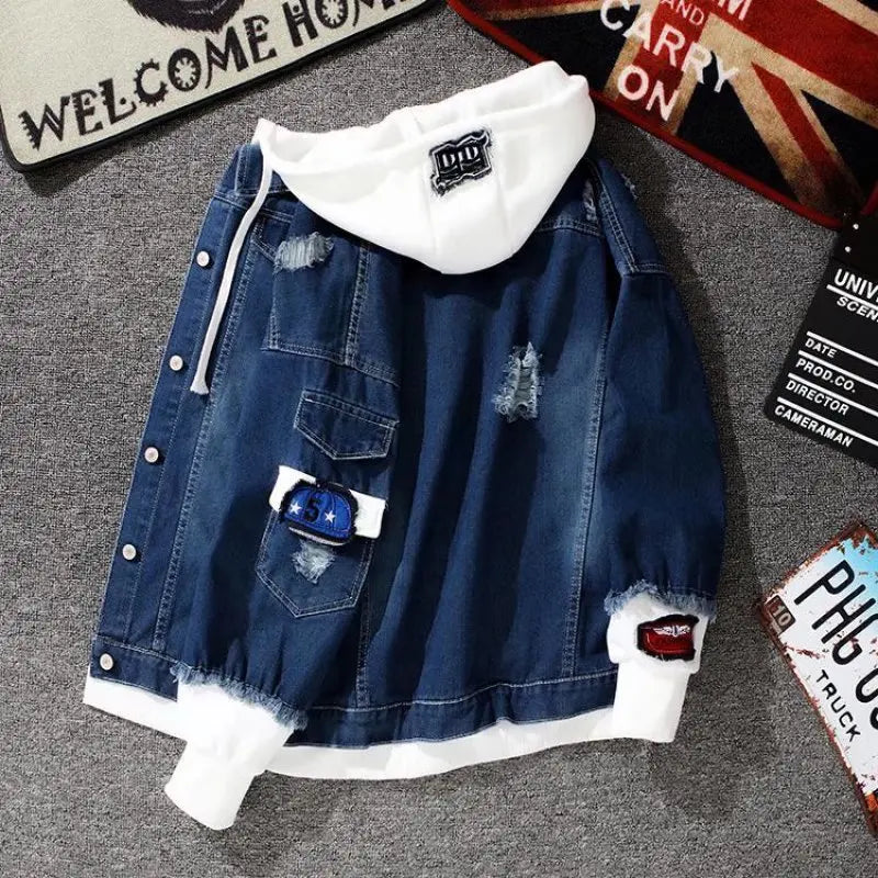 Custom Logo Printed Hooded Men's Denim Jacket 100% Cotton Quick Dry Reversible Eco-Friendly Digital Printing Streetwear