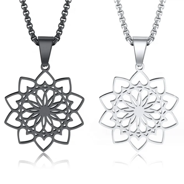 Yiwu Aceon Stainless Steel Fashion Flower Shape Hollow Heart Edge Women OM Jewelry Customized Yoga Element Newest Lotus Pendant
