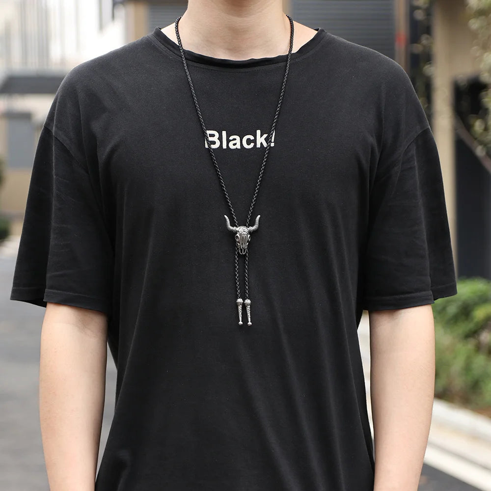 Men's Retro Western Cowboy Bolo Tie Necklace Fashionable Leather Rope Cow Head Unisex Trendy Trendy Jewelry Necktie Accessories