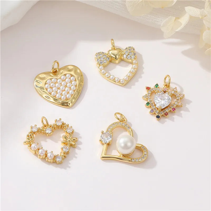 Wholesale Microinlaid Zircon Pearl 14k Gold Heart Pendant Necklace Earrings DIY Accessories for Jewelry Making Charms